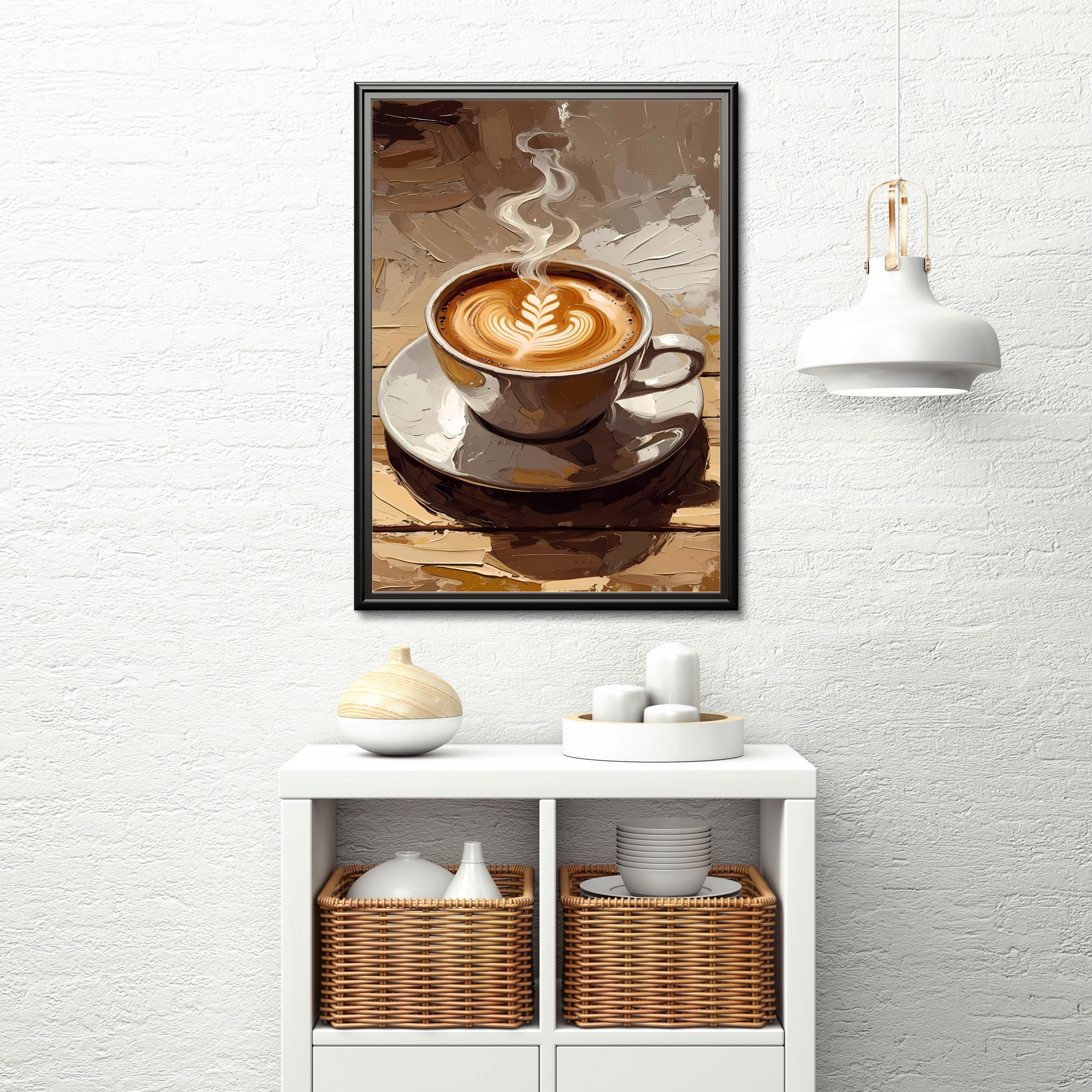 Artistic close-up of a cappuccino with creamy latte art and warm earthy tones in a textured background.
