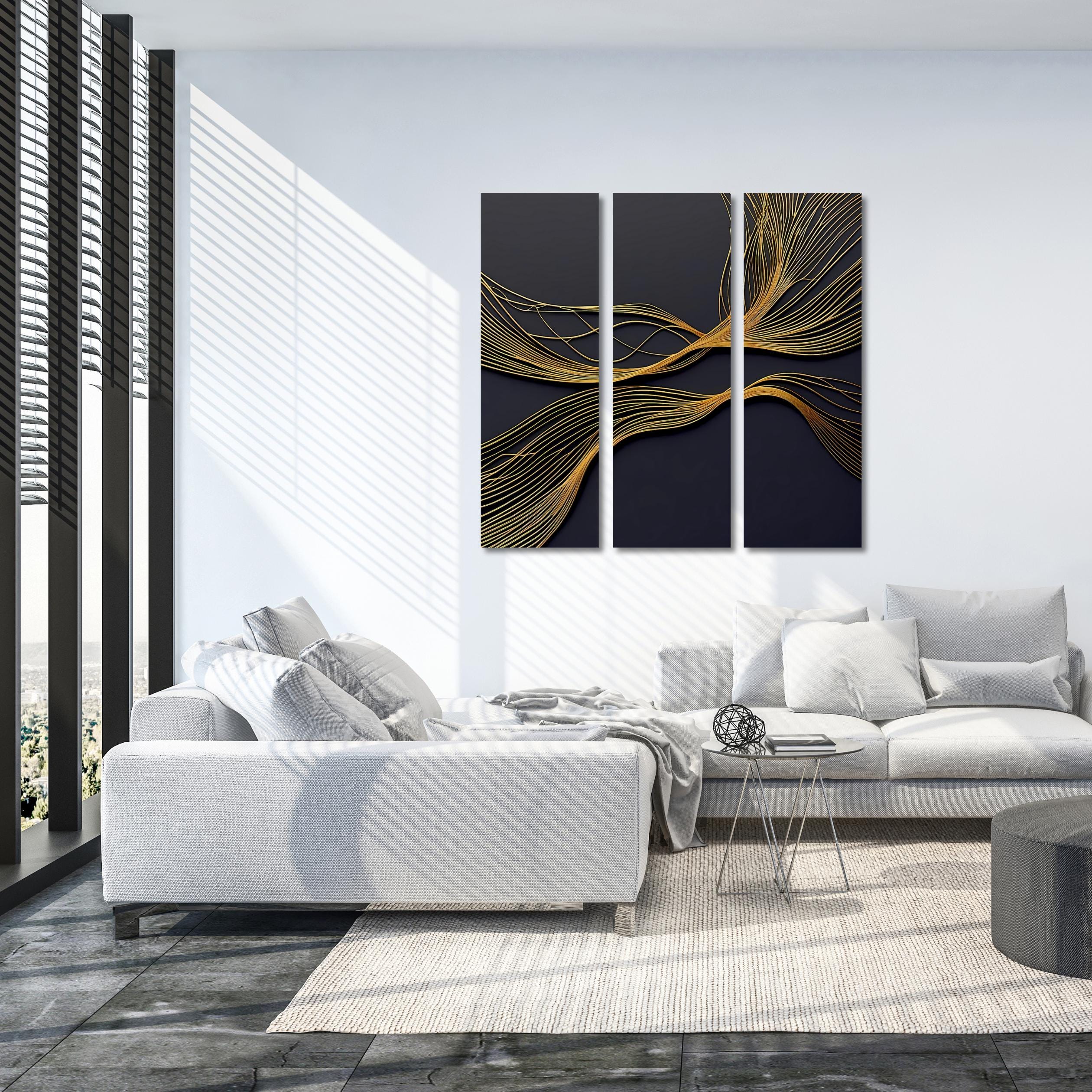 Gold Line Abstract Triptych Canvas Art: Modern Black and Gold Wall Decor