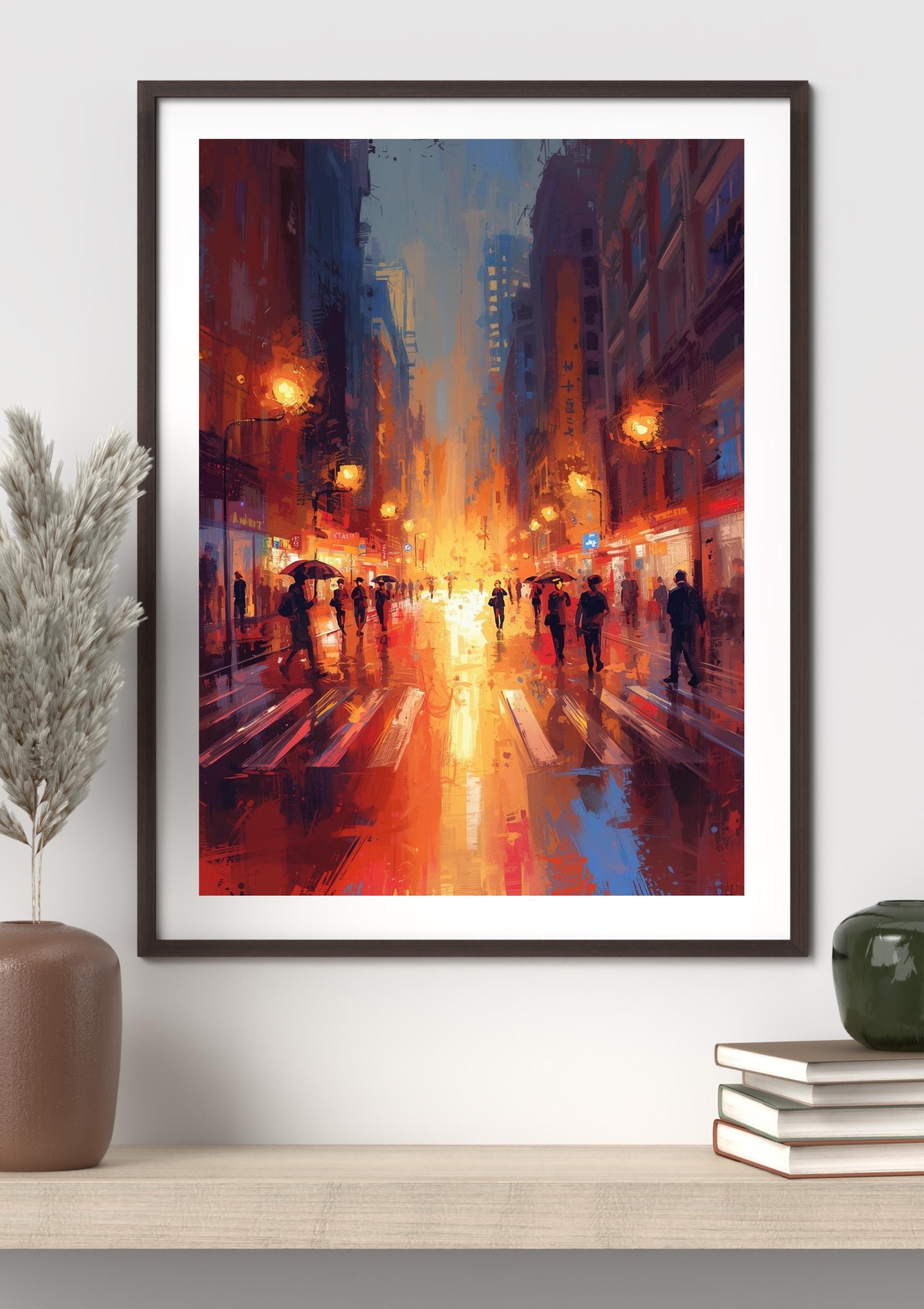 Modern impressionist painting of a rainy city avenue, people with umbrellas, illuminated storefronts, and reflective asphalt.