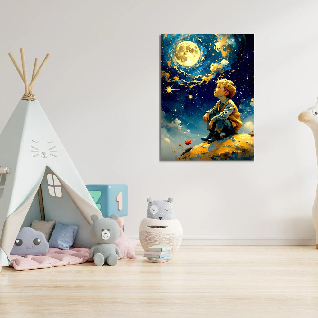 Fantasy Moon Wall Art – Dreamy Boy Under Starry Sky Canvas Print - AffinityArts 
