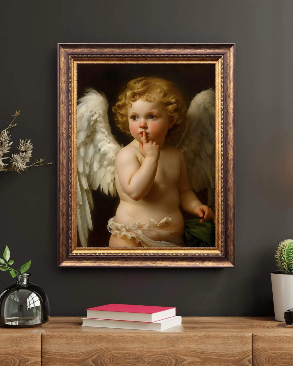 Winged Angel Art Print, Gold Curl Painting, Classic Home Decor (Digital File Option) - AffinityArts 