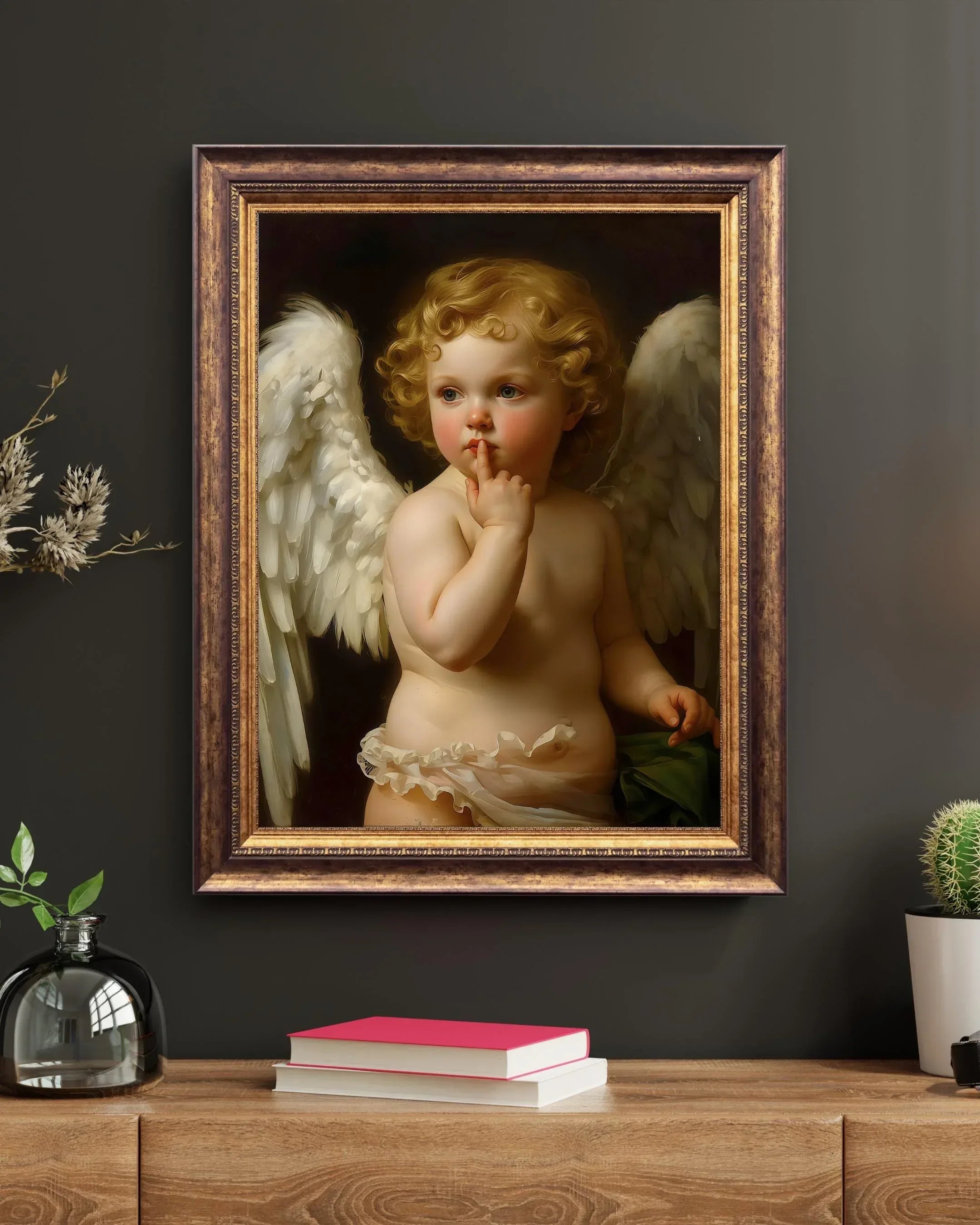 Winged Angel Art Print, Gold Curl Painting, Classic Home Decor (Digital File Option) - AffinityArts 