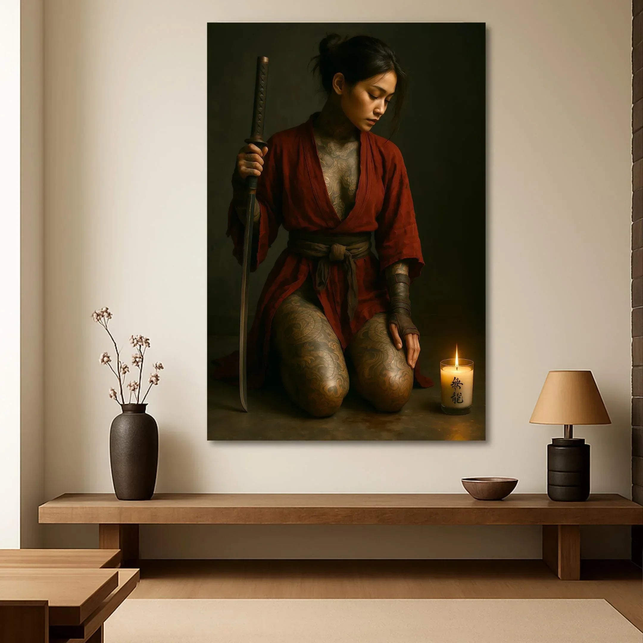 Red Kimono Warrior Poster, Tattooed Female Samurai Wall Art, Premium Paper Print or Digital Download, Multiple Sizes - AffinityArts 