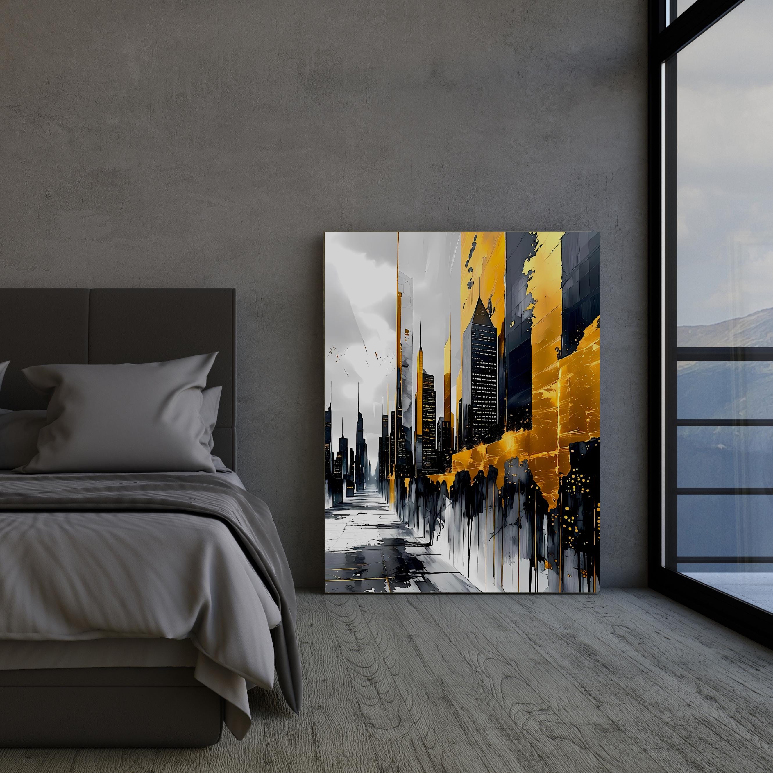 Contemporary abstract painting of skyscrapers with bold gold textures and dark architectural silhouettes.