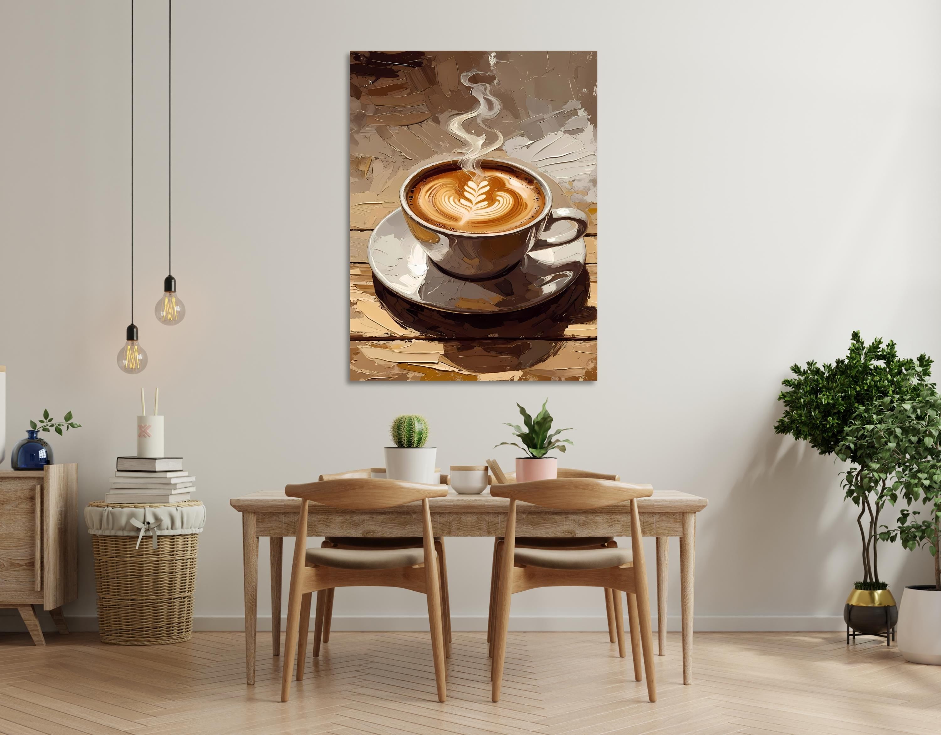 Close-up of a cappuccino with detailed latte art in a white cup on a saucer, set on a textured wooden surface.