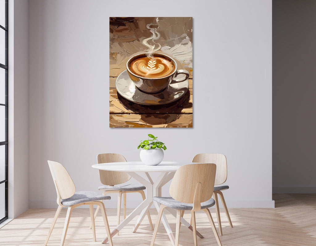A warm cup of freshly brewed latte with creamy foam art and swirling steam in a painterly illustration.