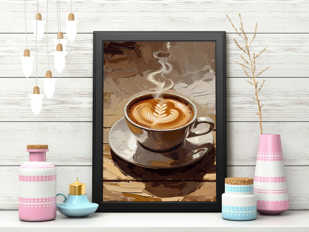 Cozy coffee moment with a steaming latte in a white cup and detailed foam design.