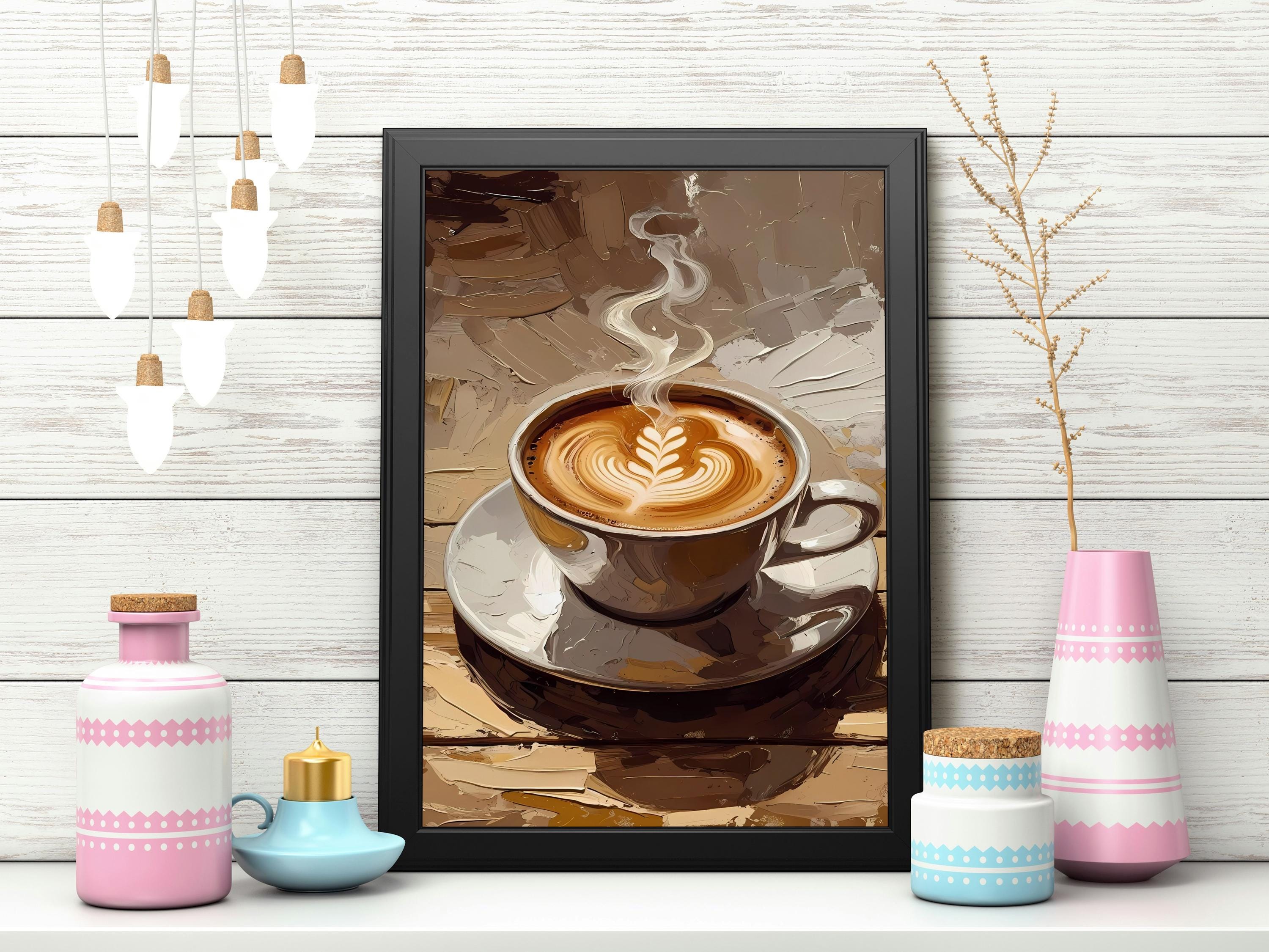 Cozy coffee moment with a steaming latte in a white cup and detailed foam design.