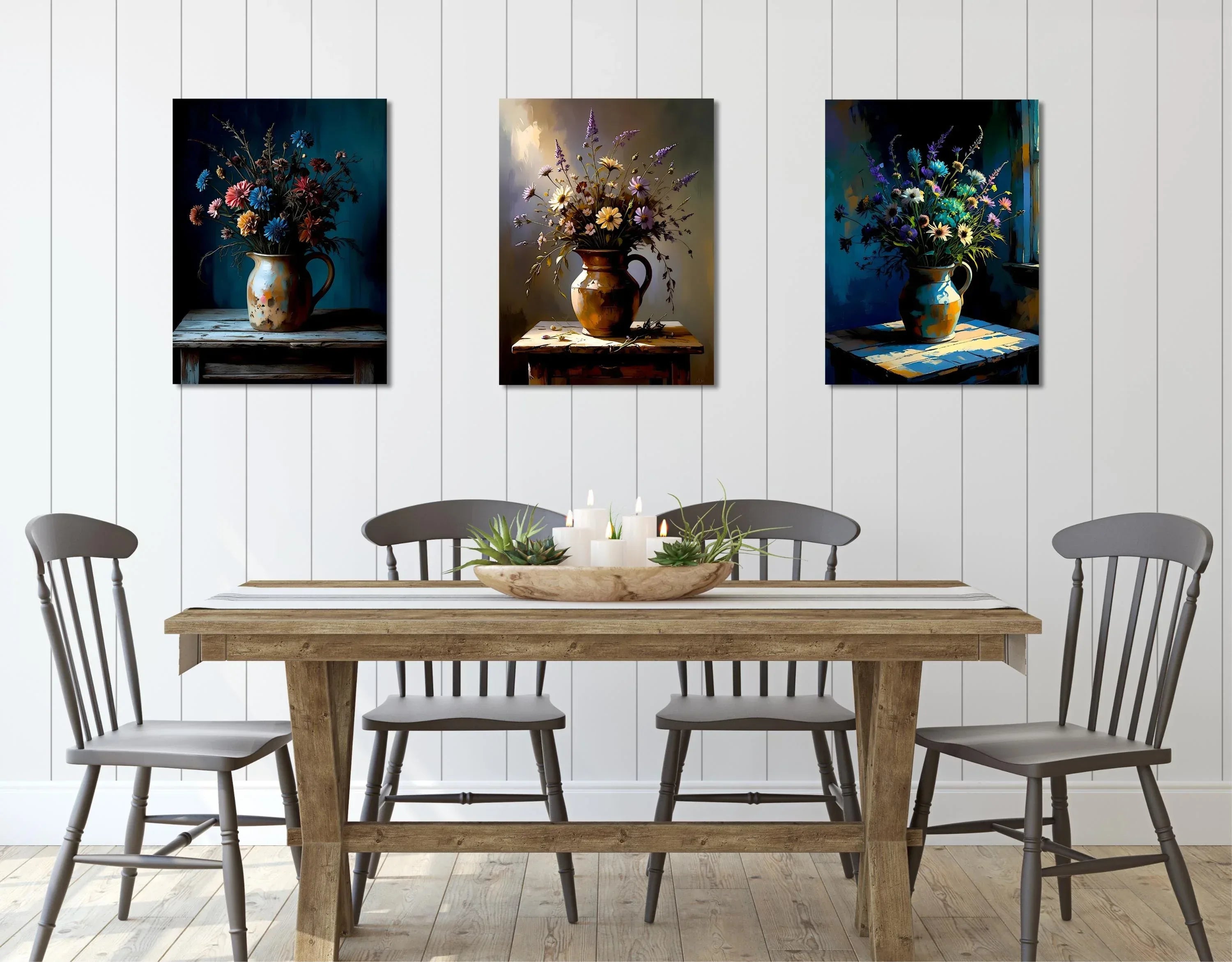 Rustic Floral Canvas Wall Art Set: Vintage Still Life Flower Bouquet - AffinityArts 