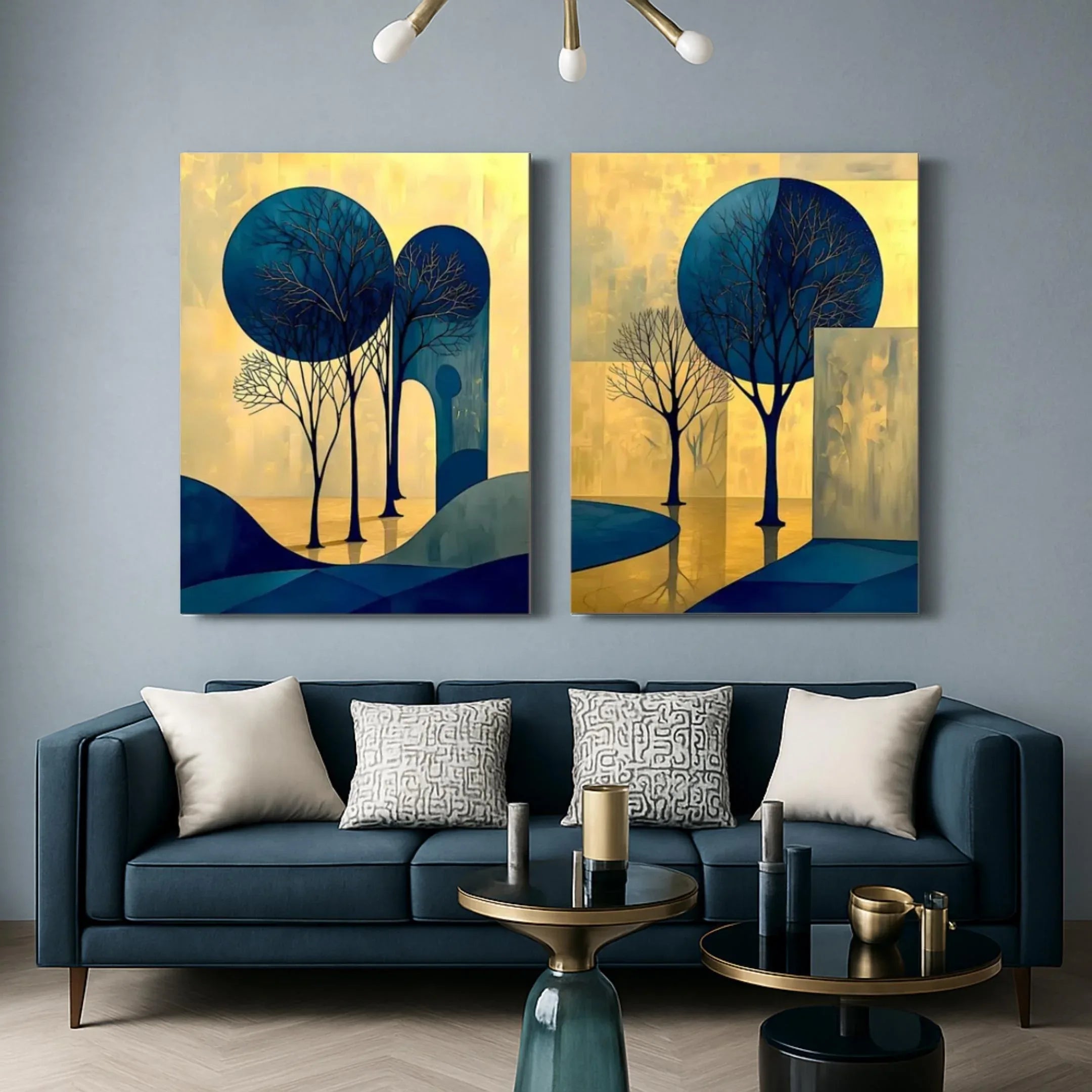 Abstract Tree Art Set: Blue and Gold Landscape Canvas or Poster - AffinityArts 