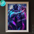 Futuristic cyberpunk couple embracing in a neon-lit city, with the woman holding a martini glass.