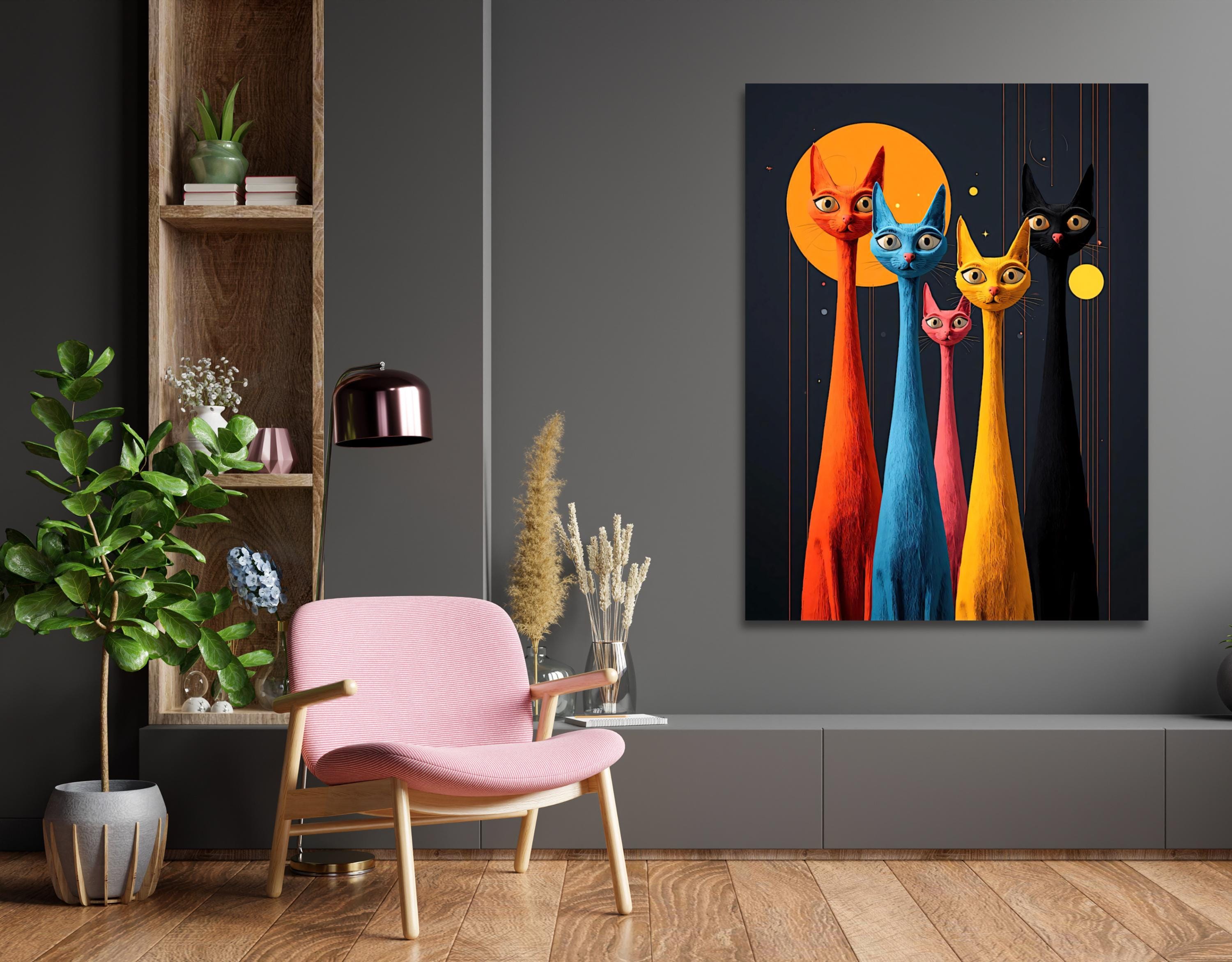 Minimalist wall art featuring five tall cats with long necks and bright colors against a dark cosmic background.