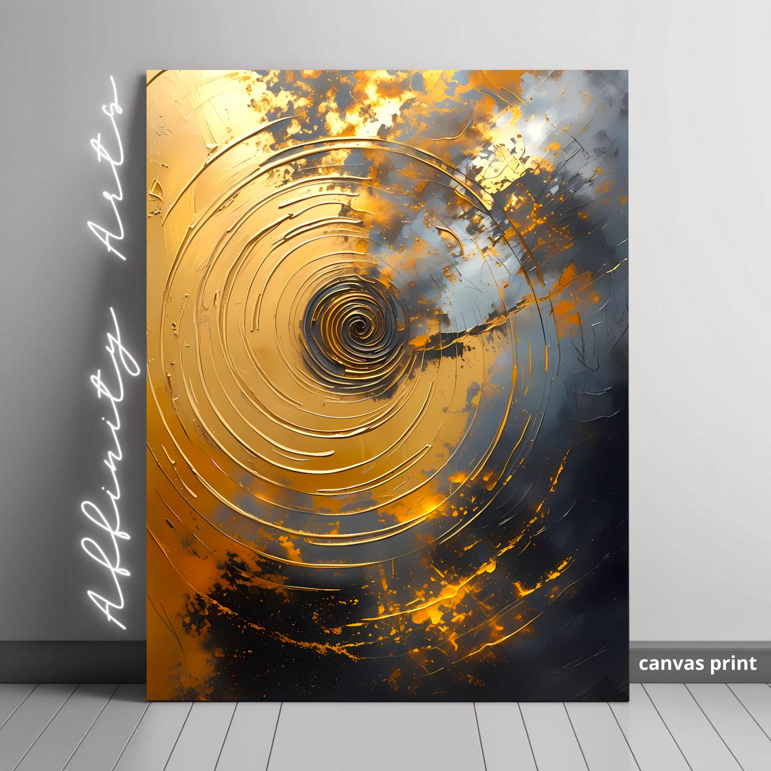 Vibrant golden vortex artwork with textured layers of yellow ochre, fiery orange, and metallic gray on canvas.
