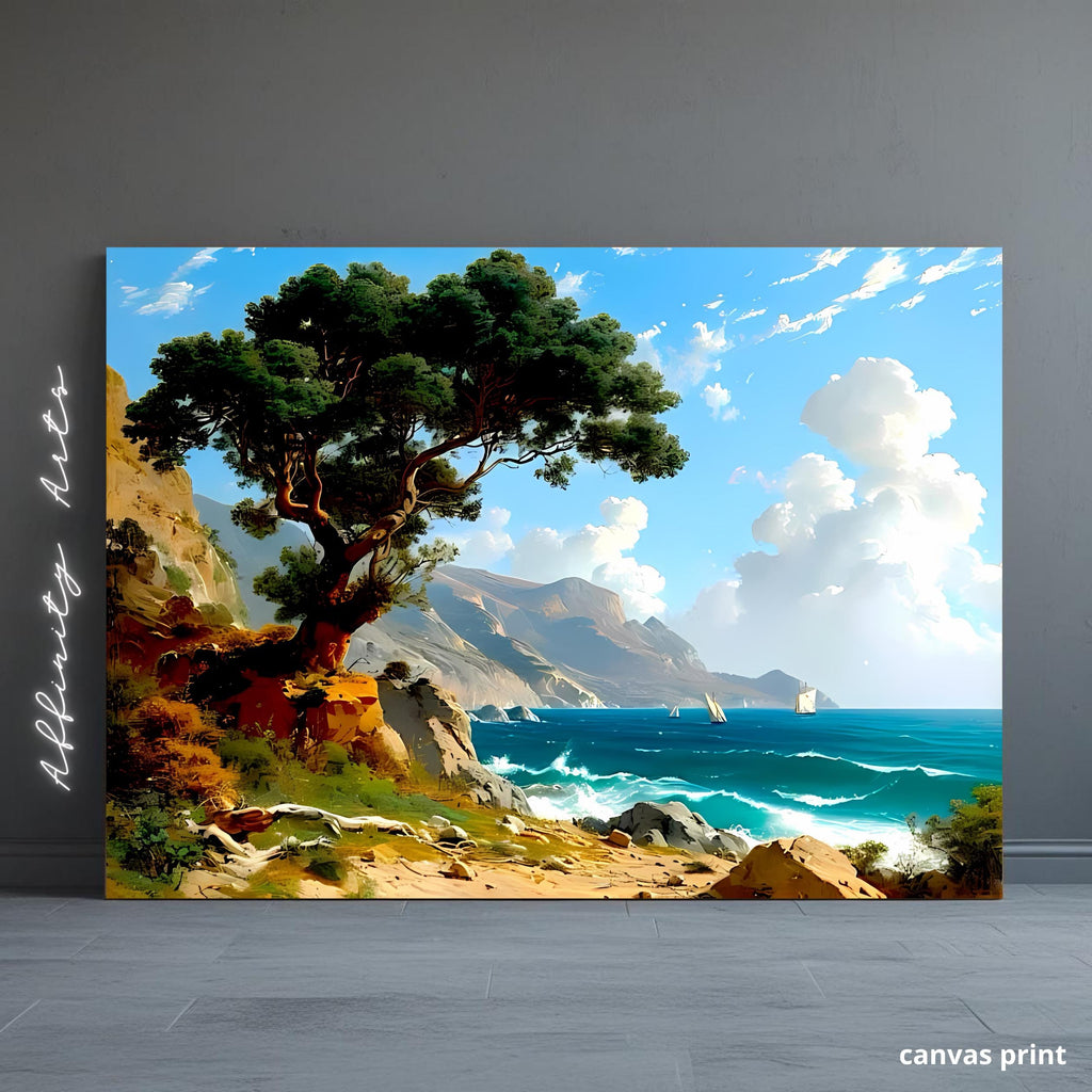 Coastal Landscape Canvas Print – Seascape Wall Art with Sailboats & Tree – Ocean Shoreline Decor AffinityArts