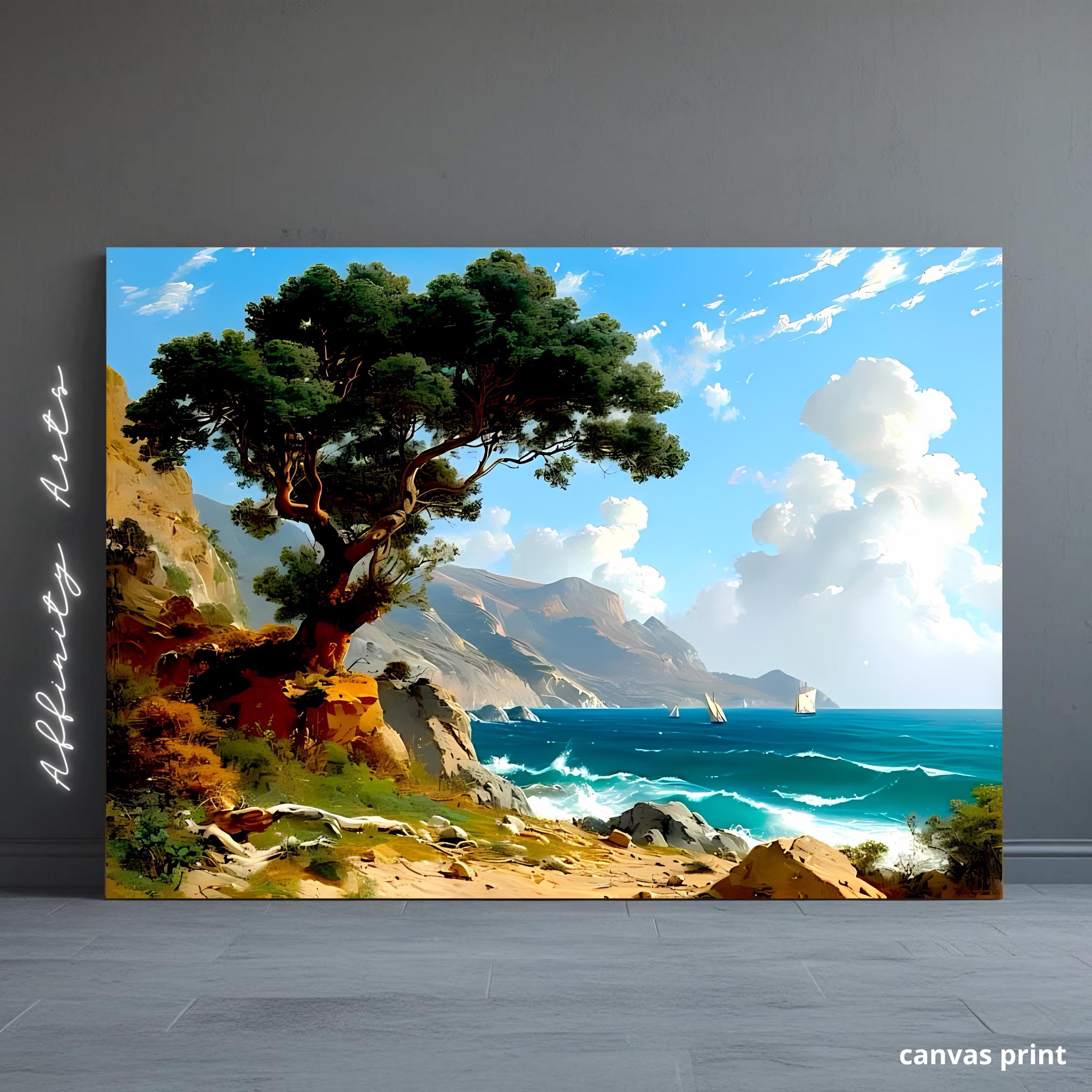 Coastal Landscape Canvas Print – Seascape Wall Art with Sailboats & Tree – Ocean Shoreline Decor AffinityArts