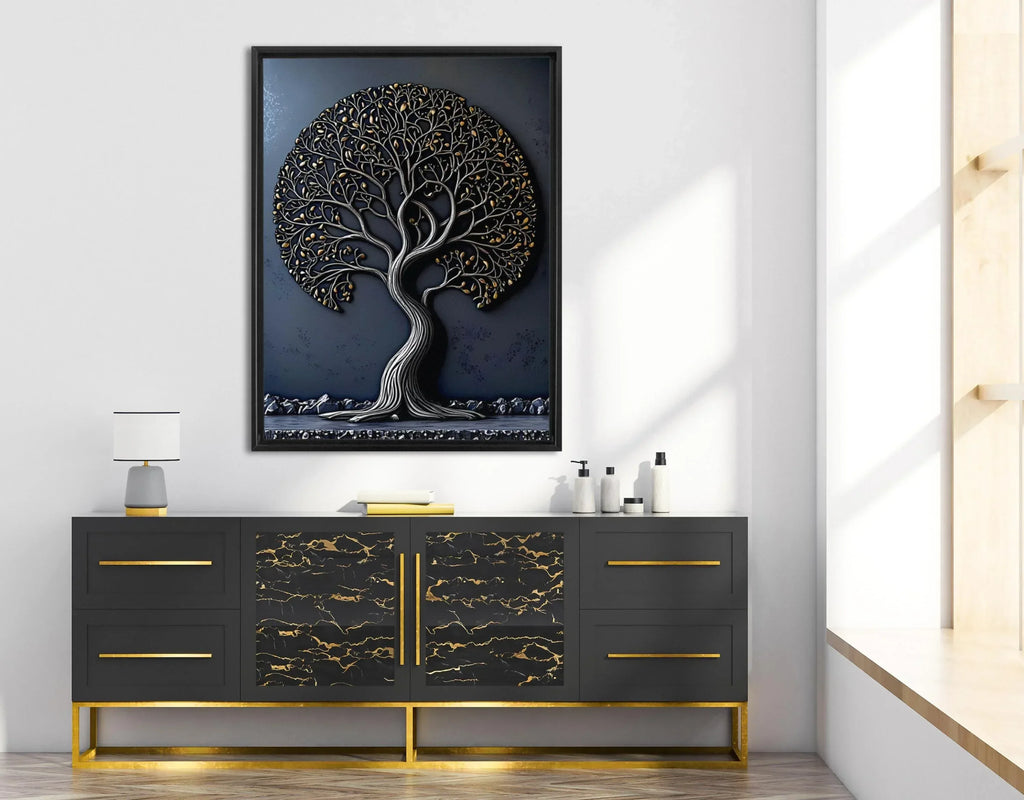 Tree of Life Canvas Art: Gold & Silver Metal Effect, Floating Frame - AffinityArts 
