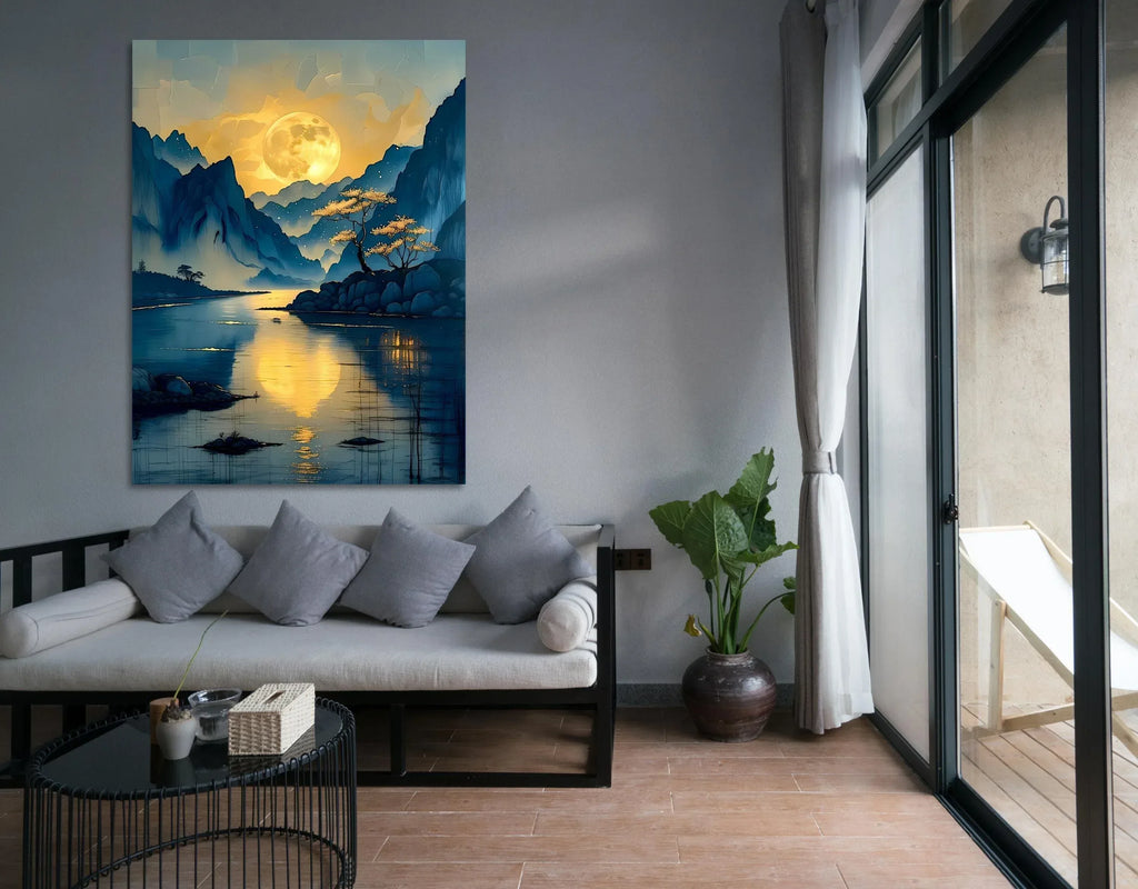 Moonlit Mountain River Canvas Art: Tranquil Asian Landscape Painting - AffinityArts 