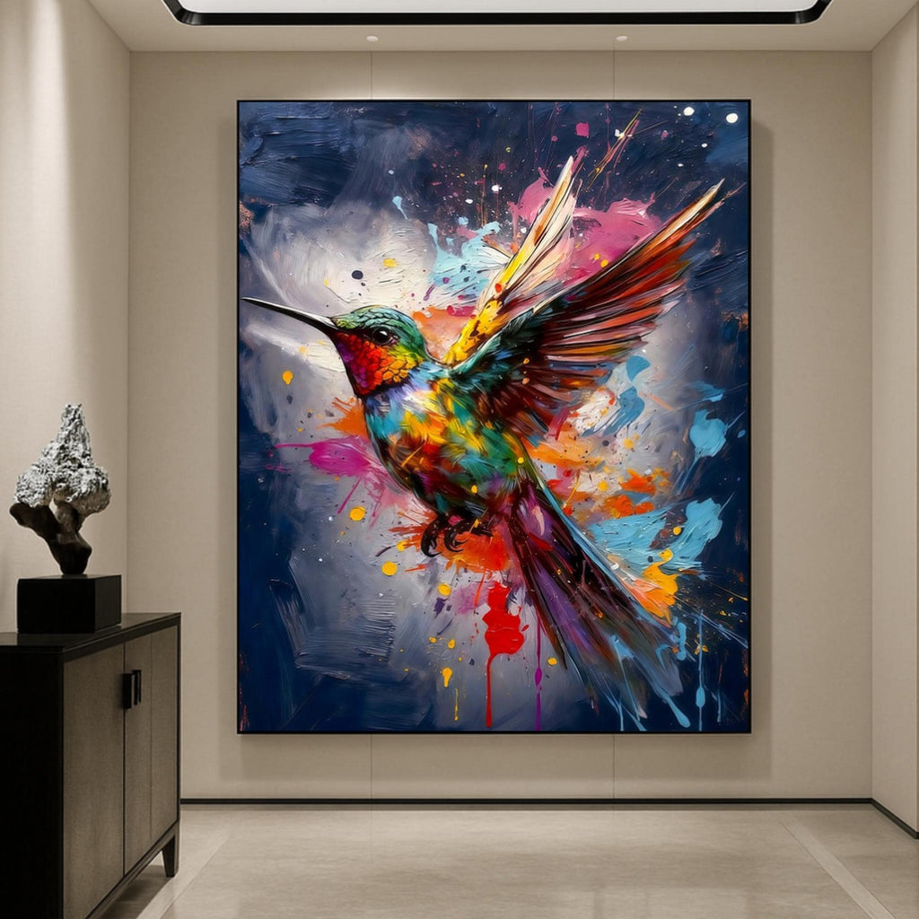 Colorful Hummingbird Wall Art Print, Blue Background, Premium Paper Poster, Canvas Print, Digital Download AffinityArts