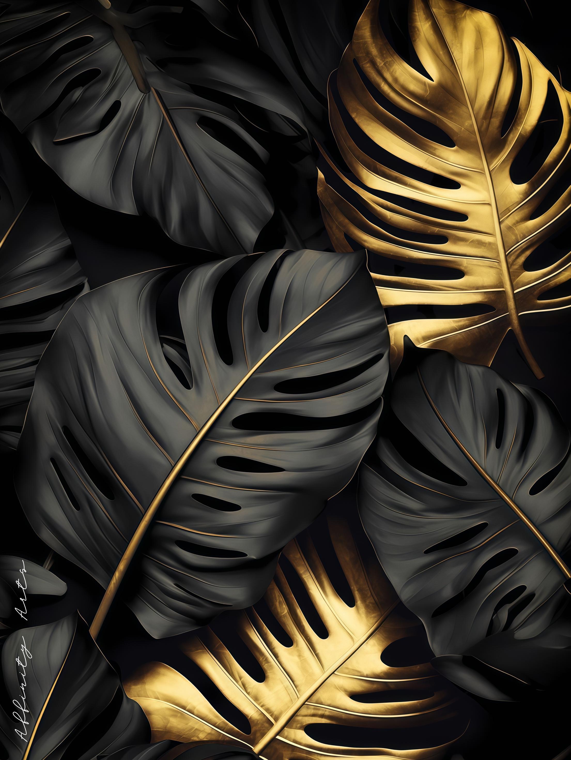 Black and Gold Monstera Leaf Wall Art: Botanical Print, Modern Decor AffinityArts