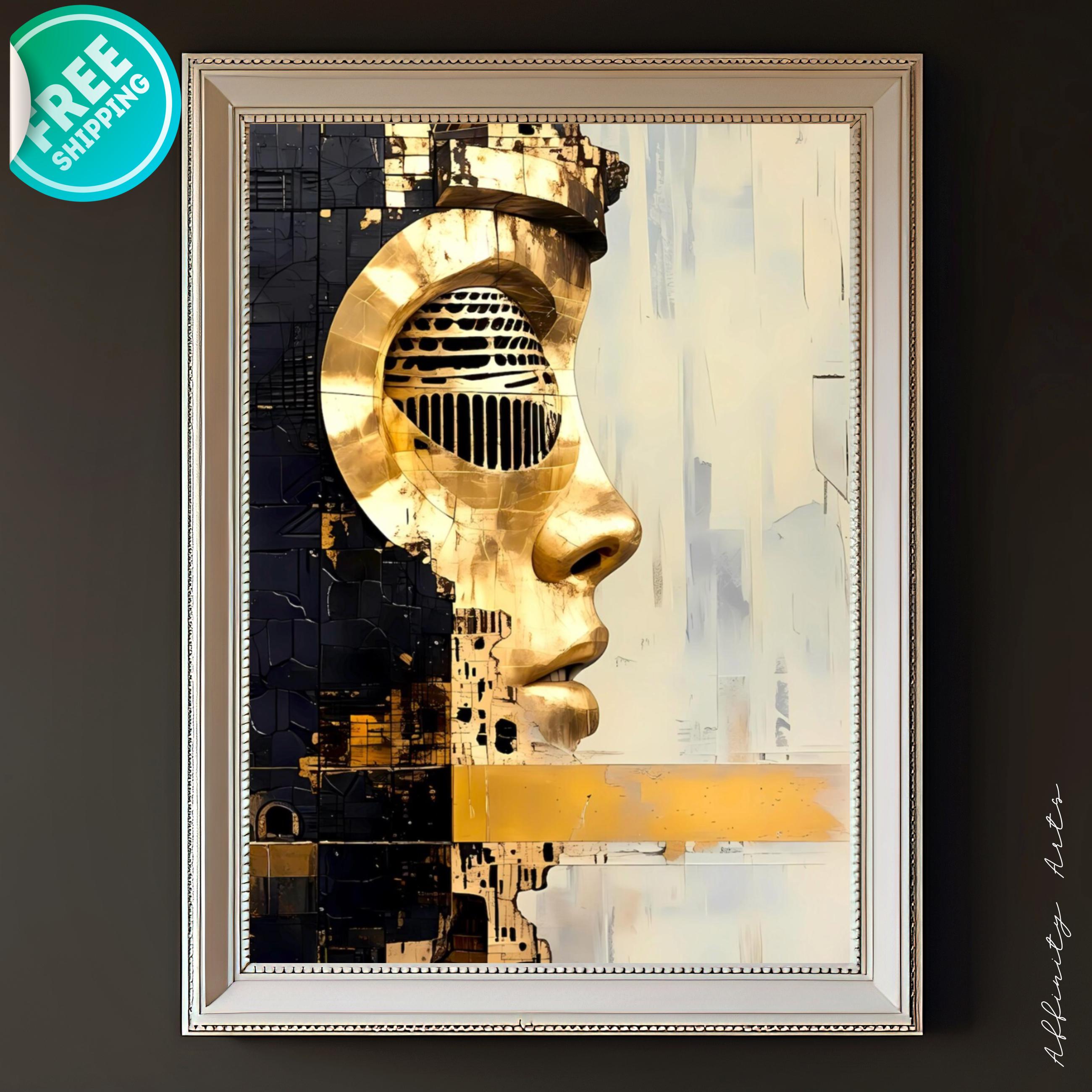 Profile view of a golden futuristic robotic head with a large circular mechanical eye.