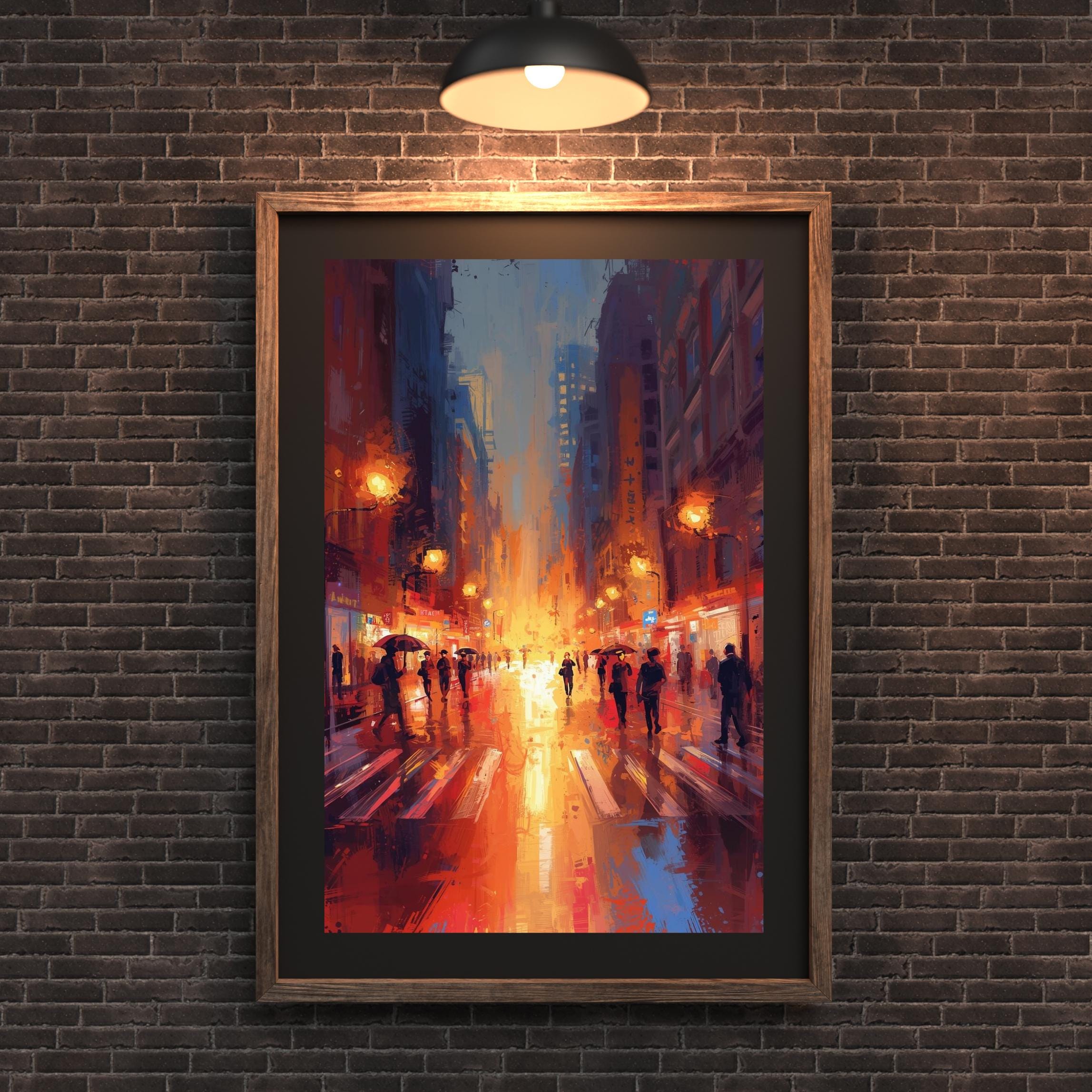 Colorful abstract city street painting with pedestrians, umbrellas, street lamps, and dramatic reflections after rain.