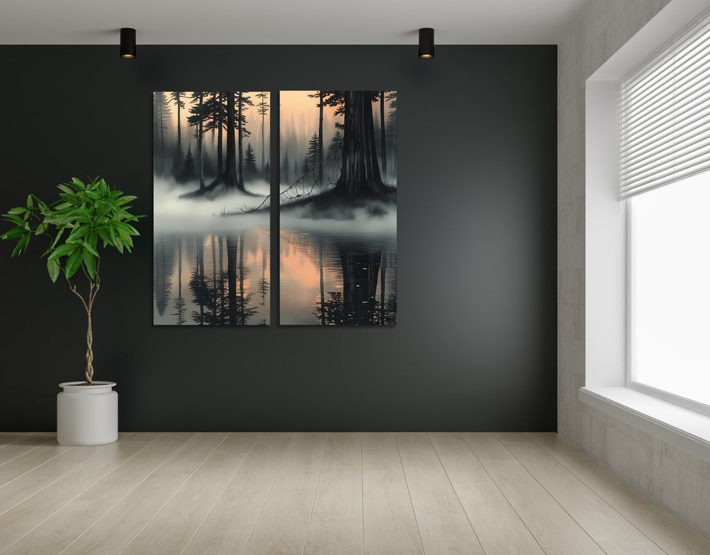 Canvas Wall Art Set – Misty Forest Lake Diptych Print, Foggy Pine Tree Landscape Posters AffinityArts