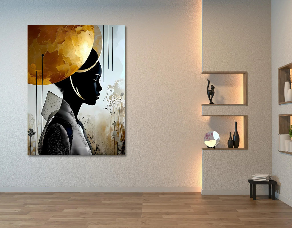 Golden Halo African Woman Portrait: Abstract Afrocentric Art - AffinityArts 