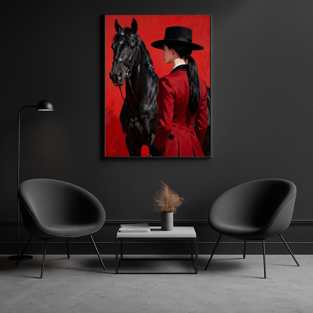 A dignified horsewoman in formal dressage clothing standing beside her black equine companion.
