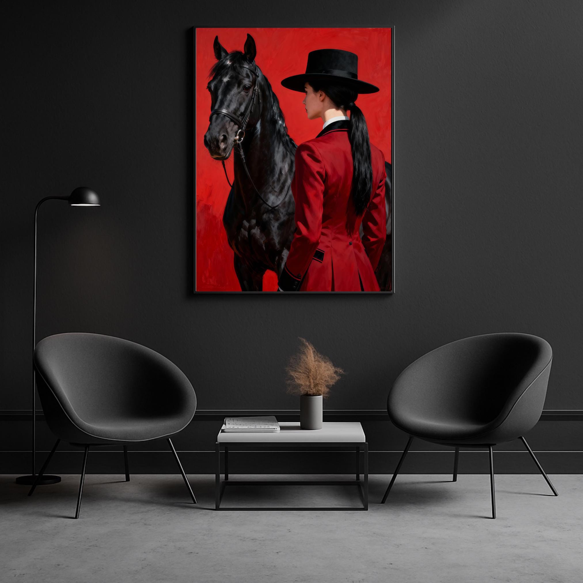A dignified horsewoman in formal dressage clothing standing beside her black equine companion.
