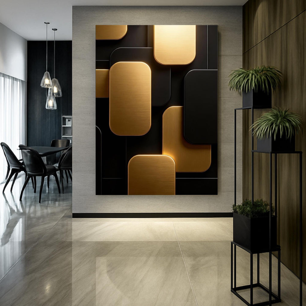 Black Gold Geometric Wall Art Print, Abstract Metal Panels Poster or Canvas, Modern Minimalist 3D Design Art AffinityArts