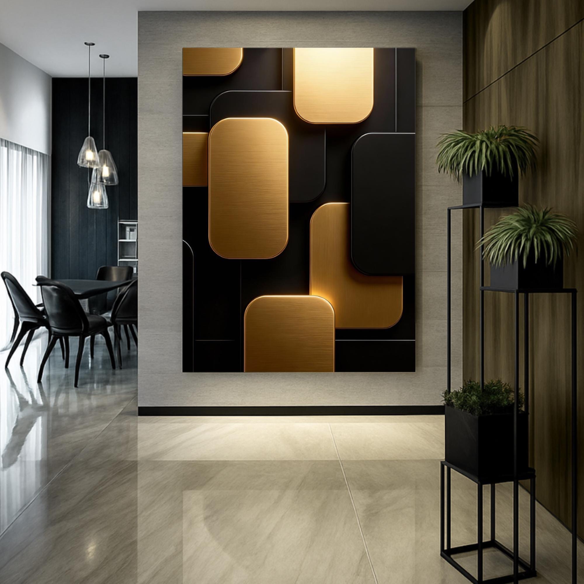 Black Gold Geometric Wall Art Print, Abstract Metal Panels Poster or Canvas, Modern Minimalist 3D Design Art AffinityArts