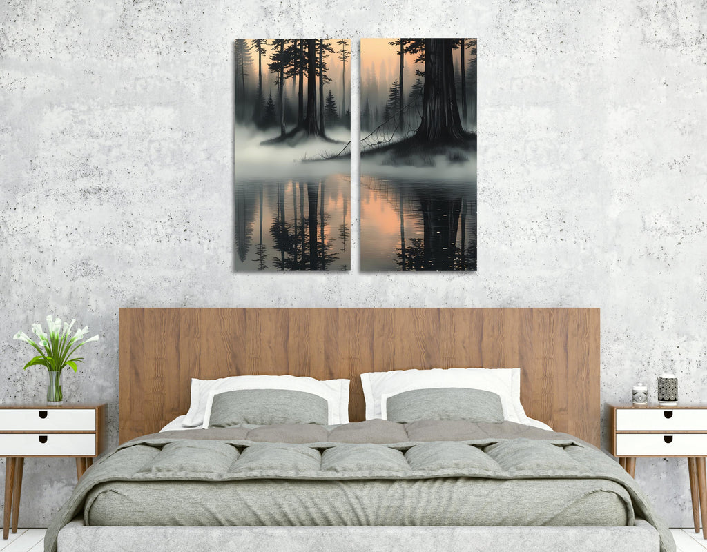 Canvas Wall Art Set – Misty Forest Lake Diptych Print, Foggy Pine Tree Landscape Posters AffinityArts