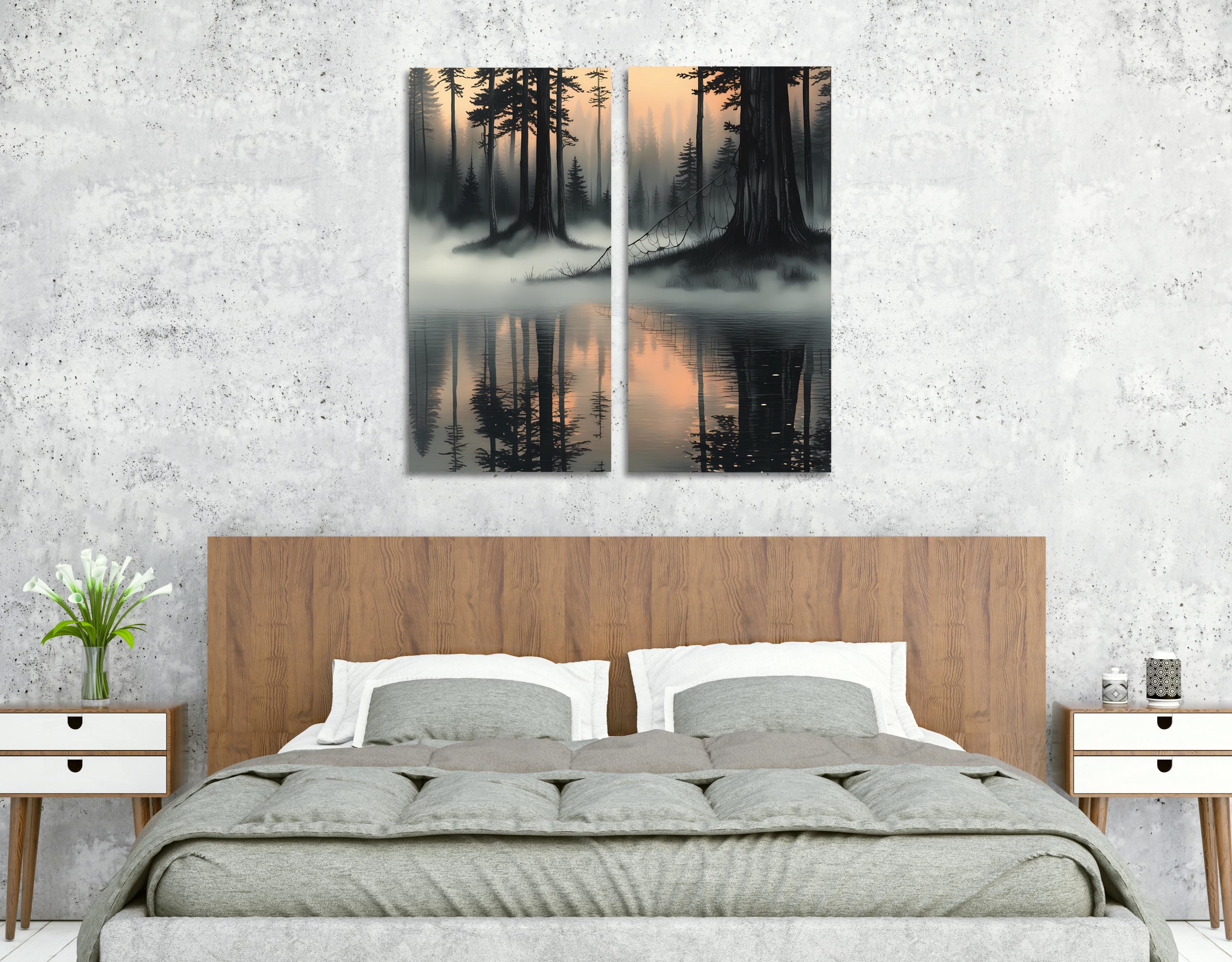 Canvas Wall Art Set – Misty Forest Lake Diptych Print, Foggy Pine Tree Landscape Posters AffinityArts