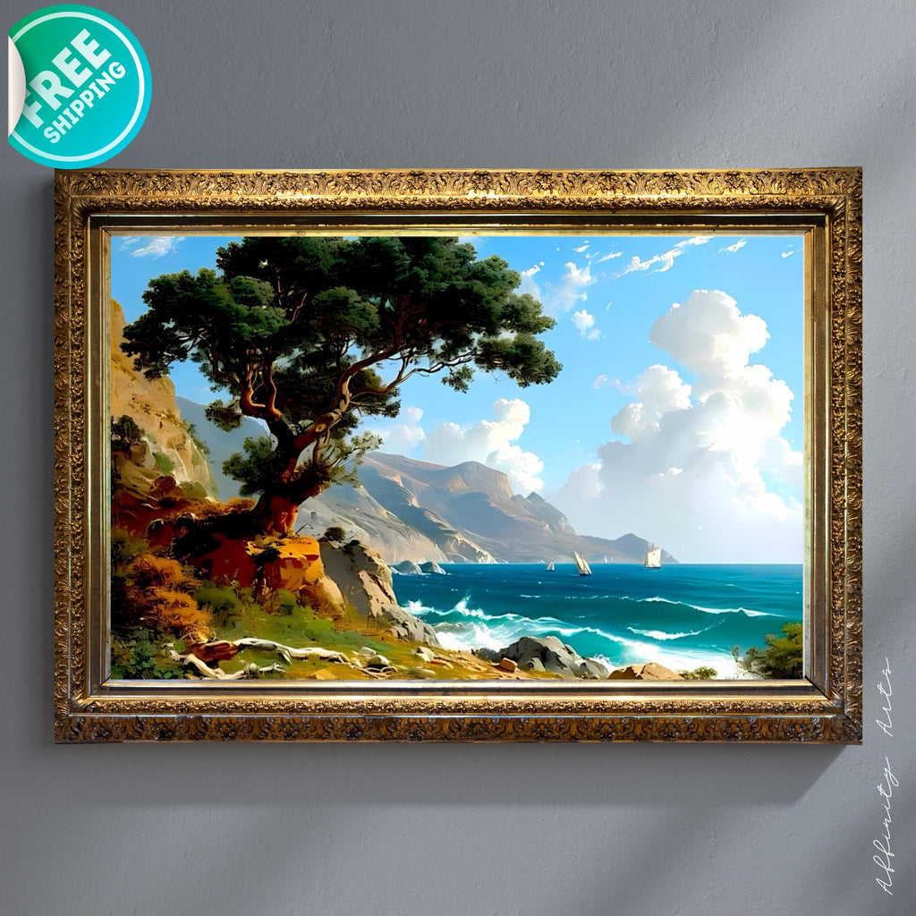 Coastal Landscape Canvas Print – Seascape Wall Art with Sailboats & Tree – Ocean Shoreline Decor AffinityArts