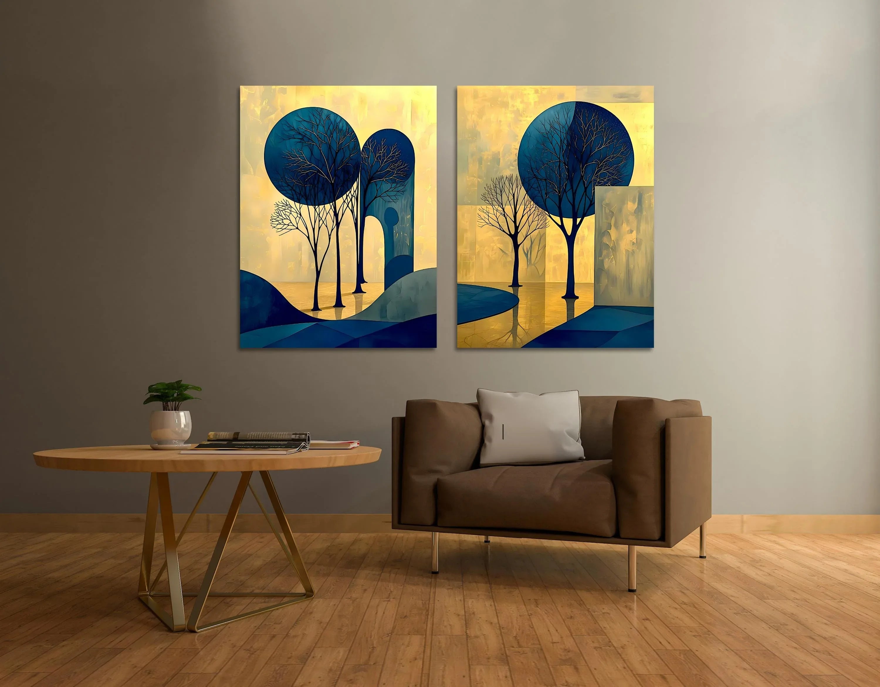 Abstract Tree Art Set: Blue and Gold Landscape Canvas or Poster - AffinityArts 