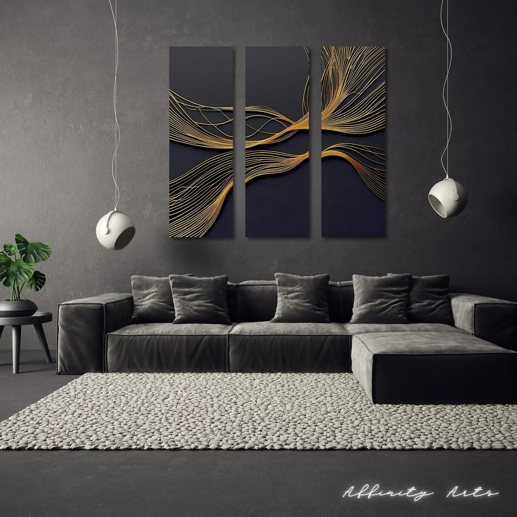 Gold Line Abstract Triptych Canvas Art: Modern Black and Gold Wall Decor - AffinityArts 