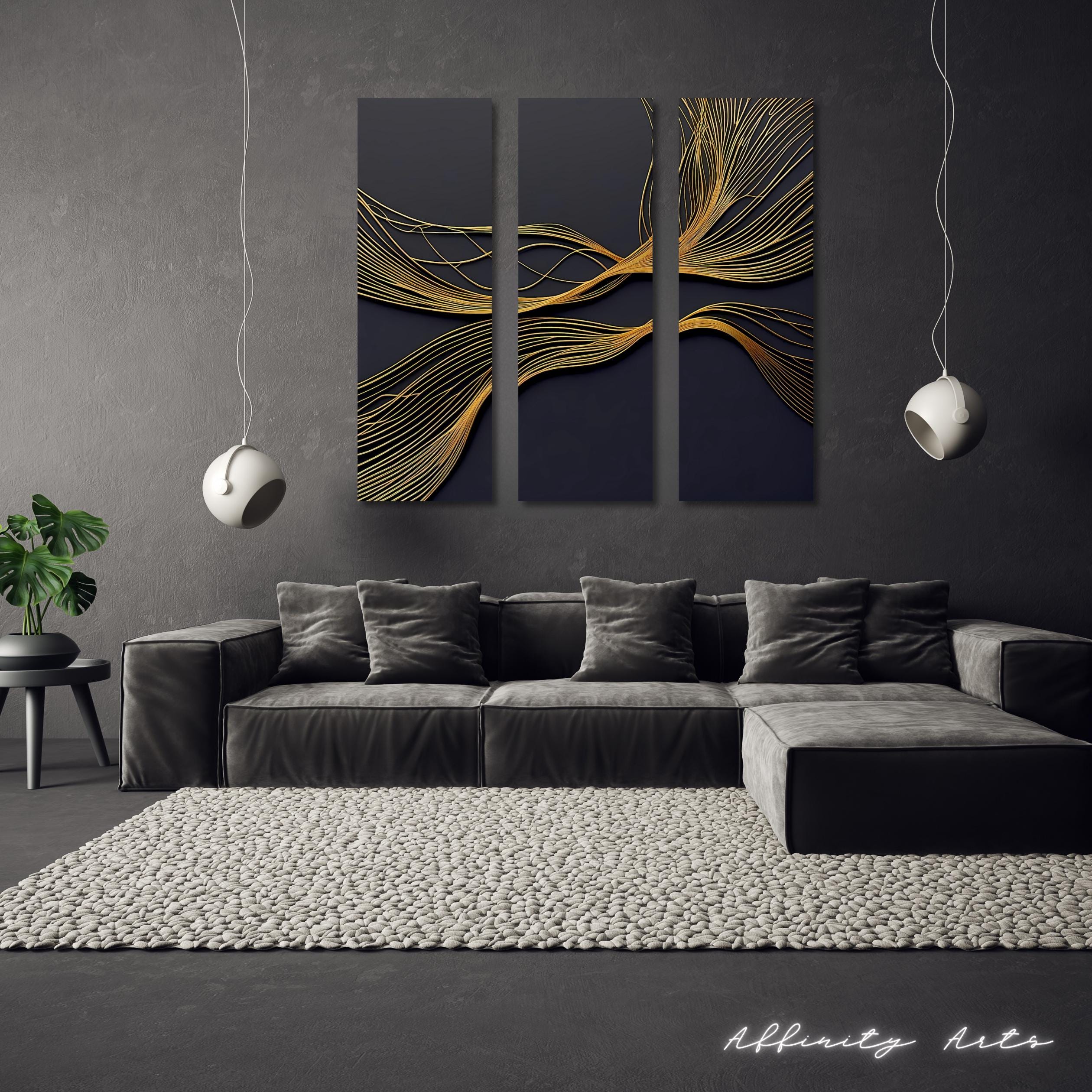 Gold Line Abstract Triptych Canvas Art: Modern Black and Gold Wall Decor
