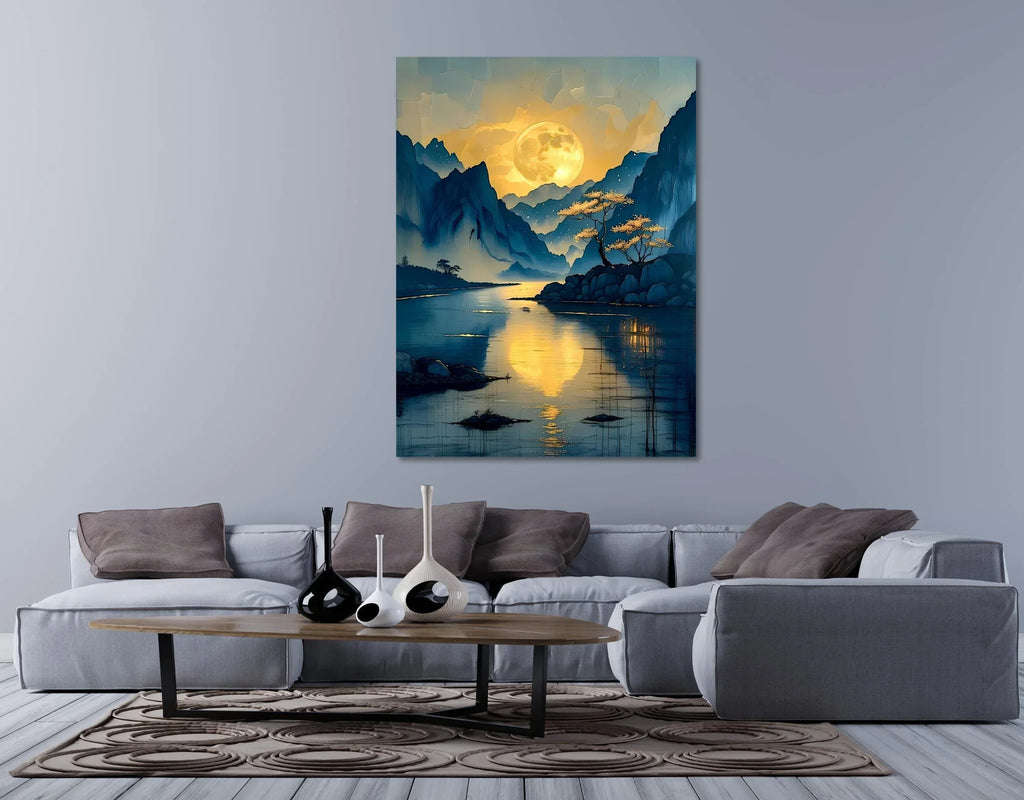 Moonlit Mountain River Canvas Art: Tranquil Asian Landscape Painting - AffinityArts 