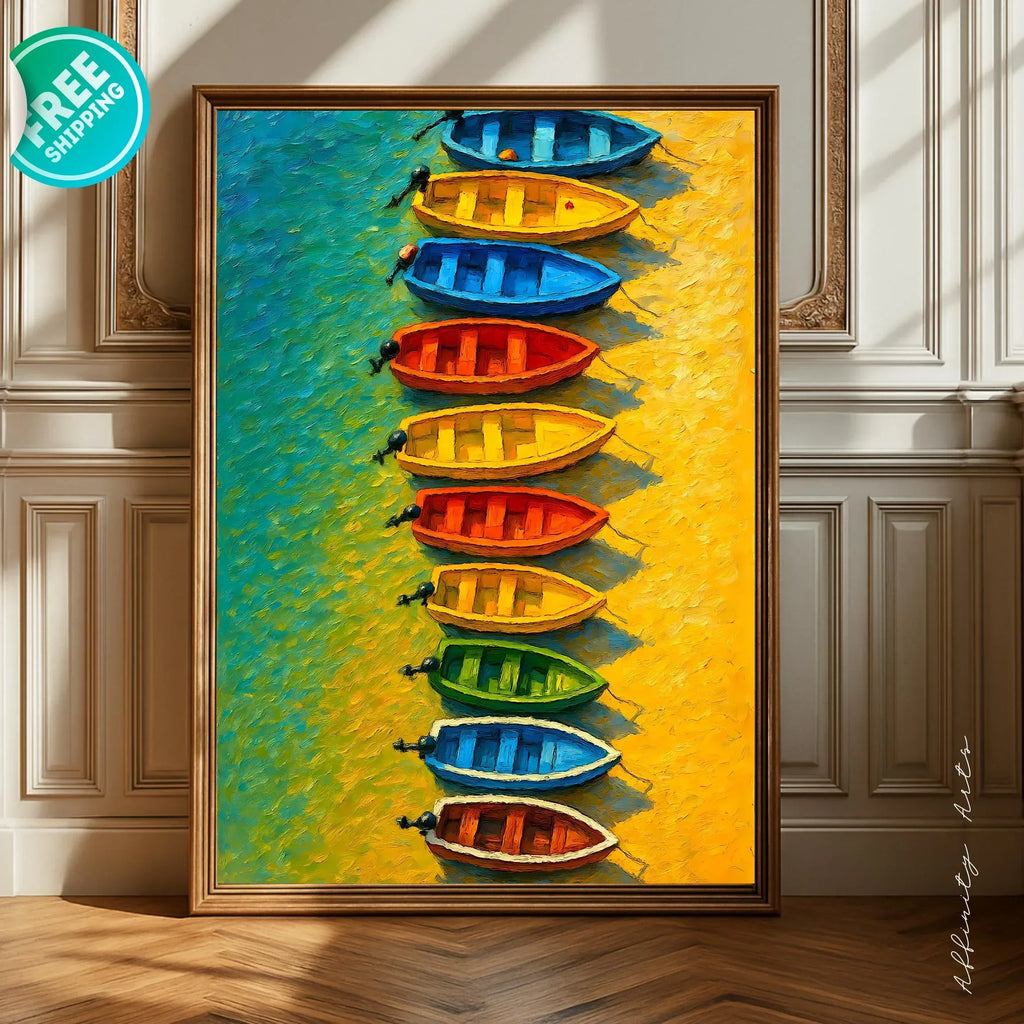 Seaside Row Boats Art Print: Vibrant Coastal Painting on Canvas - AffinityArts 
