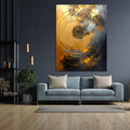 Gold and orange spiral abstract art with gray accents and heavy impasto texture.
