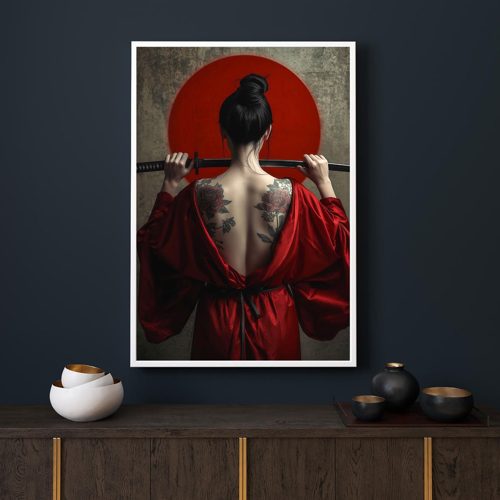 The duality of grace and power — woman with traditional floral irezumi tattoos and warrior's blade