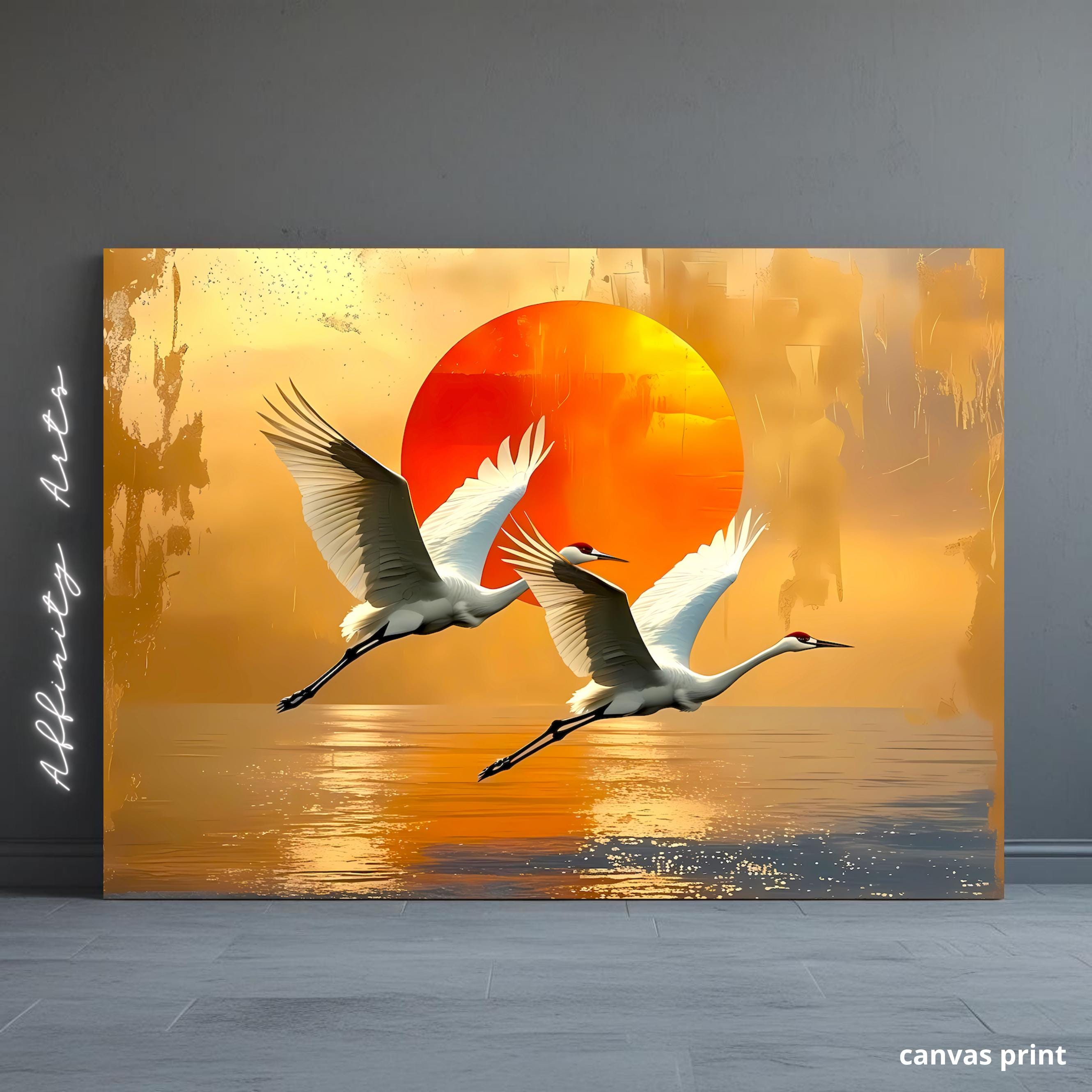 Crane Canvas Print: Japanese Sunset Bird Art, Zen Nature Decor AffinityArts