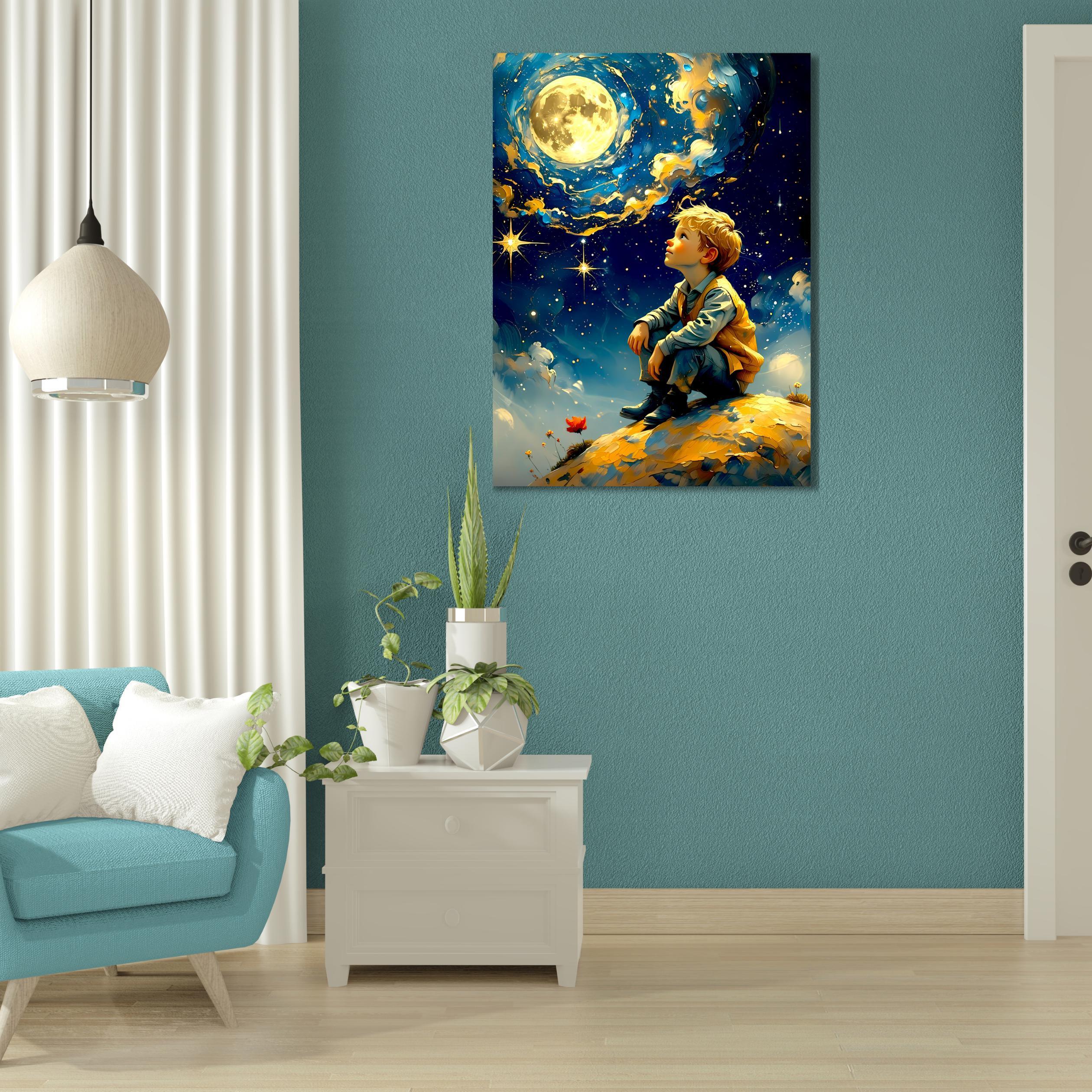 Fantasy Moon Wall Art – Dreamy Boy Under Starry Sky Canvas Print - AffinityArts 