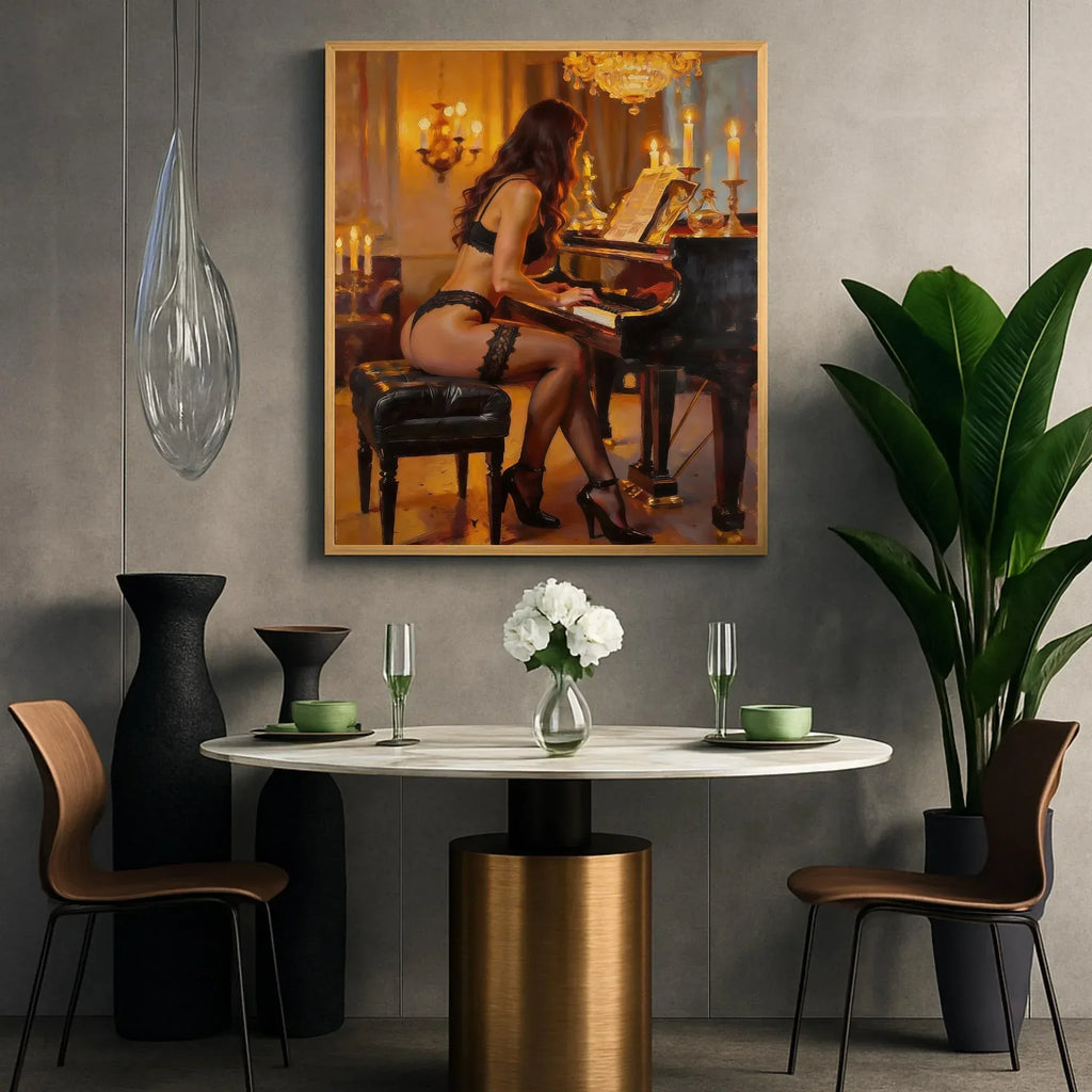 Woman Playing Piano Art Poster, Golden Candlelight Interior Wall Art Print, Premium Paper, Multiple Sizes - AffinityArts 
