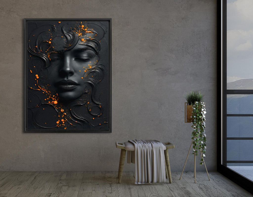 Abstract Black Face Canvas Art: Modern Orange Accent Painting AffinityArts