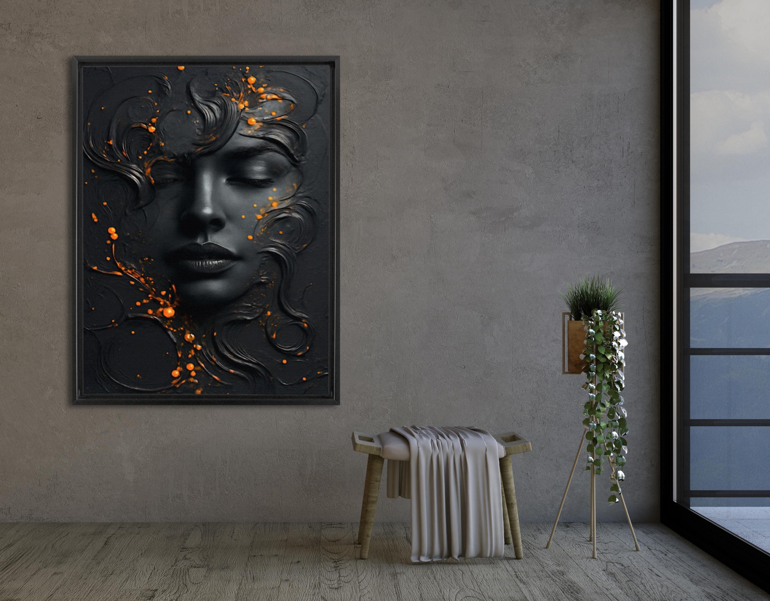 Abstract Black Face Canvas Art: Modern Orange Accent Painting AffinityArts