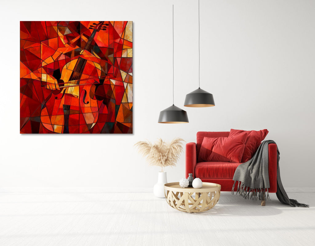 Cubism Cello Canvas Wall Art | Red Orange Abstract Music Painting | Wooden stretcher frame AffinityArts
