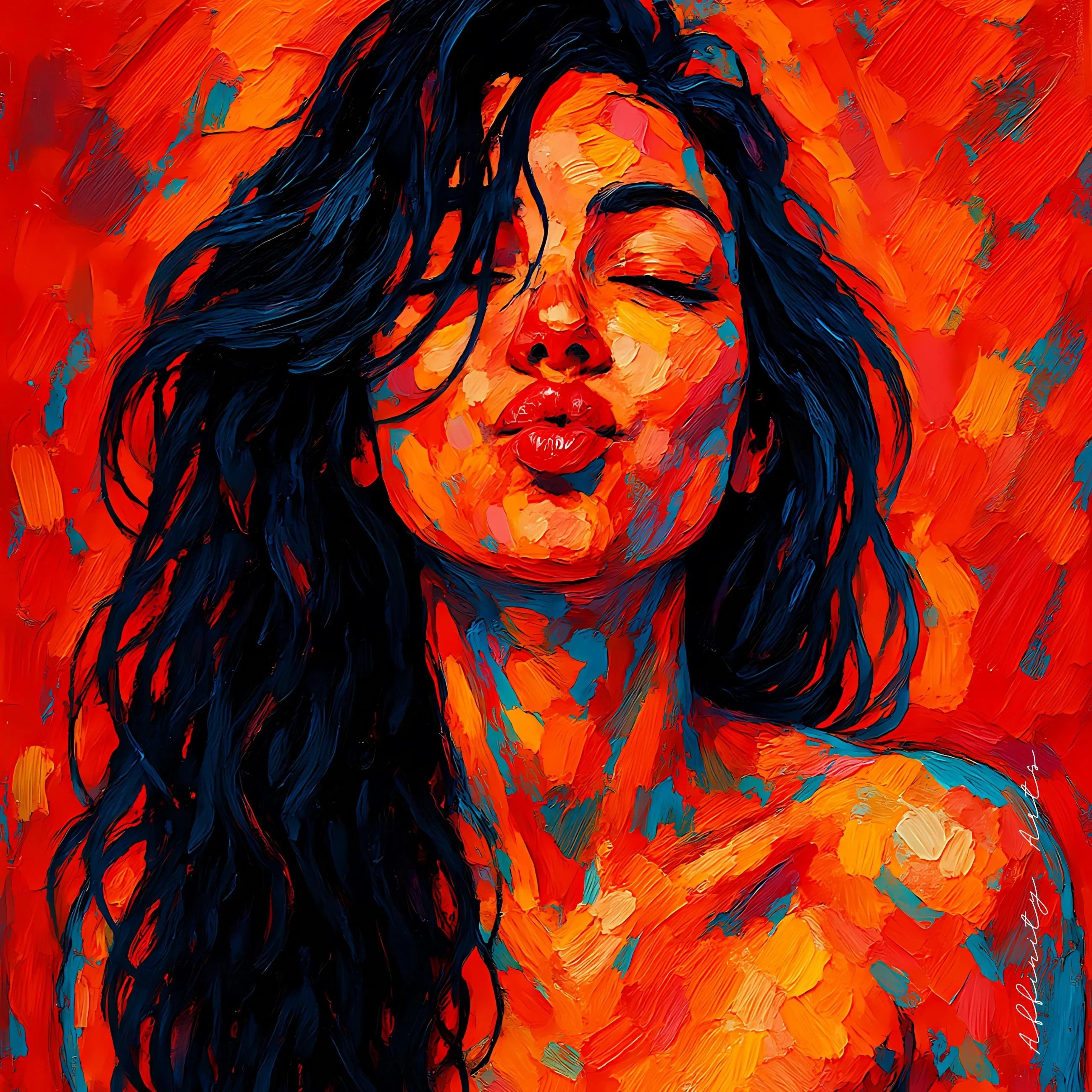 Abstract Kiss Portrait: Vibrant Expressionist Woman Art Print - AffinityArts 