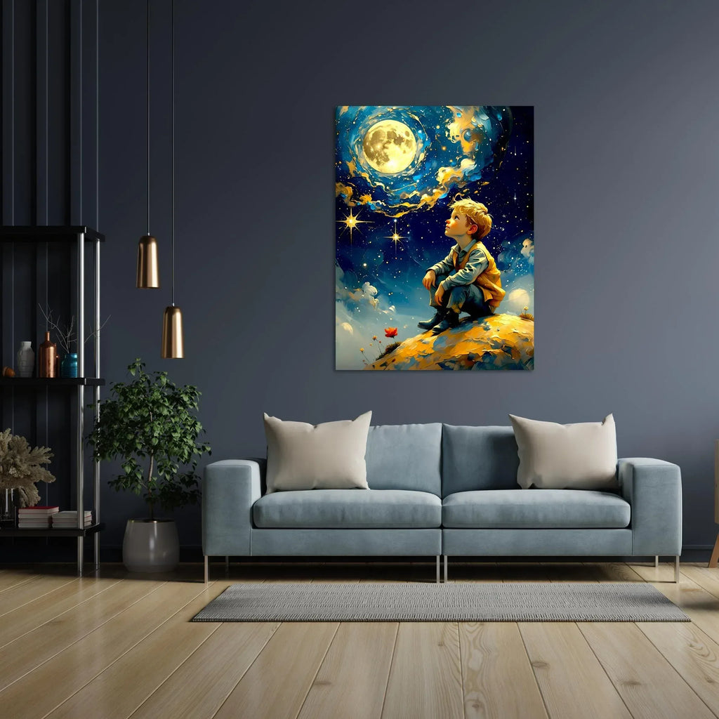 Fantasy Moon Wall Art – Dreamy Boy Under Starry Sky Canvas Print - AffinityArts 