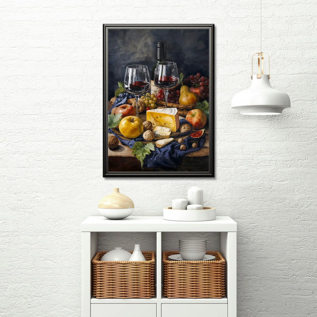 Watercolor Still Life Wine and Cheese Poster Print | Kitchen Dining Wall Art | Digital Download - AffinityArts 
